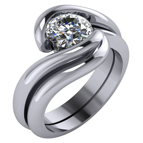 Contemporary engagement ring with round cut diamond and matching swirl wedding band