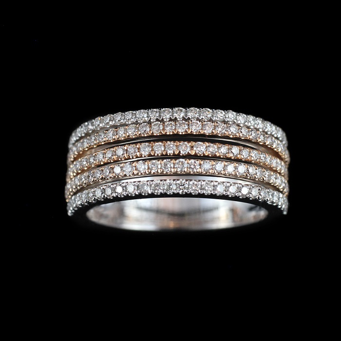 White, yellow and pink gold multi row ring with round cut diamonds