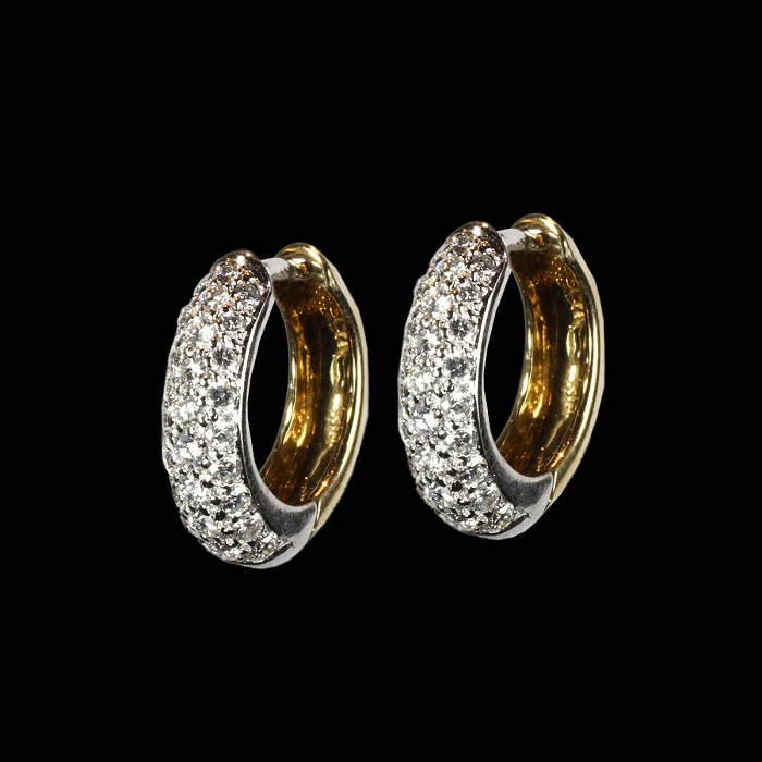 Hinge hoop earrings with pave set round cut diamonds