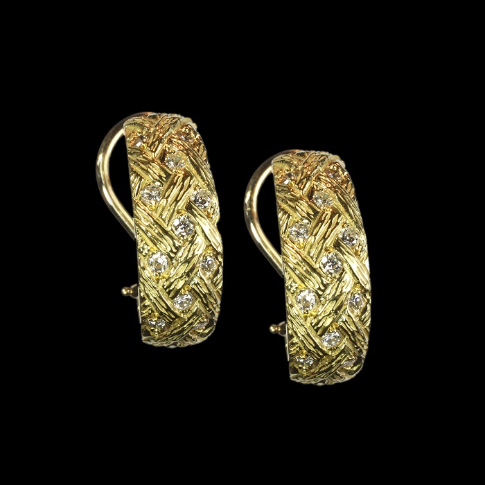 Contemporary earrings with pave set round diamonds