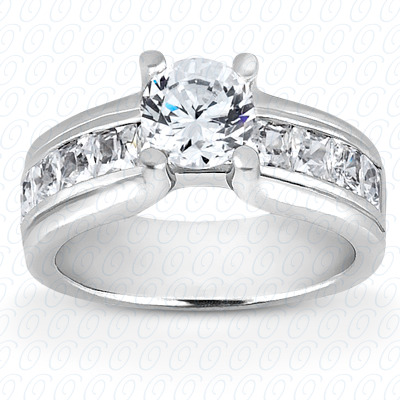 Engagement ring with a round cut center diamond and channel set princess cut side diamonds