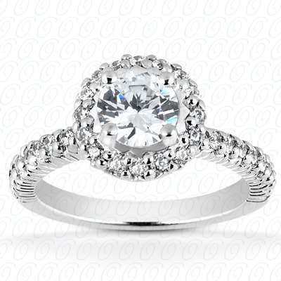Halo style engagement ring with round cut center and side diamonds