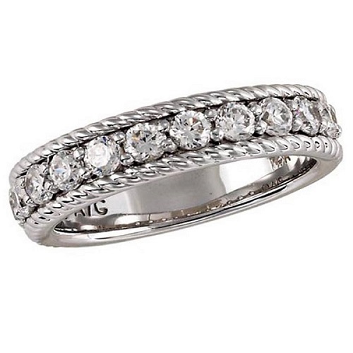 Pave set wedding band with round cut diamonds and roped borders