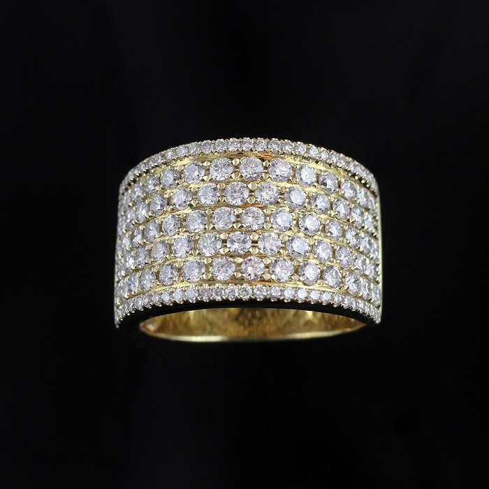Wide multi row wedding band with round cut diamonds